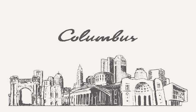 De skyline van columbus, ohio, vs, met de hand getekende vectorillustratie, schets