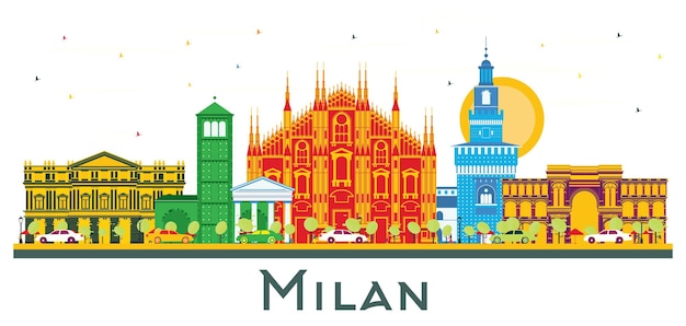 De skyline van de Italiaanse stad Milaan met gekleurde bezienswaardigheden geïsoleerd op wit
