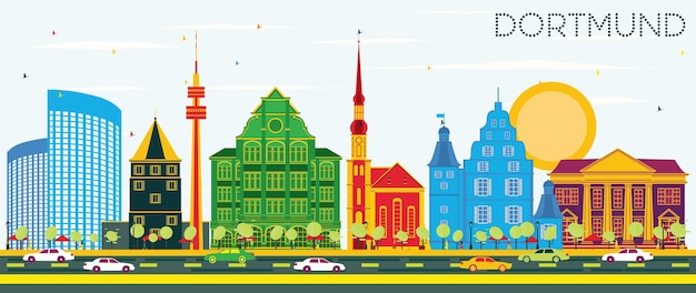 De skyline van de stad dortmund duitsland met kleur gebouwen en blauwe lucht. vectorillustratie. zakelijk reizen en toerisme concept met historische architectuur. dortmund stadsgezicht met monumenten.