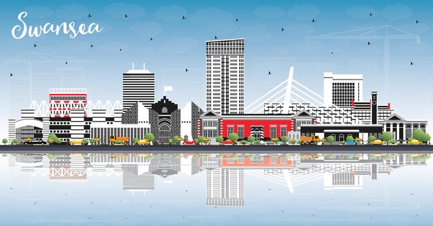 Vector de skyline van de stad swansea wales met kleur gebouwen blauwe lucht en reflecties