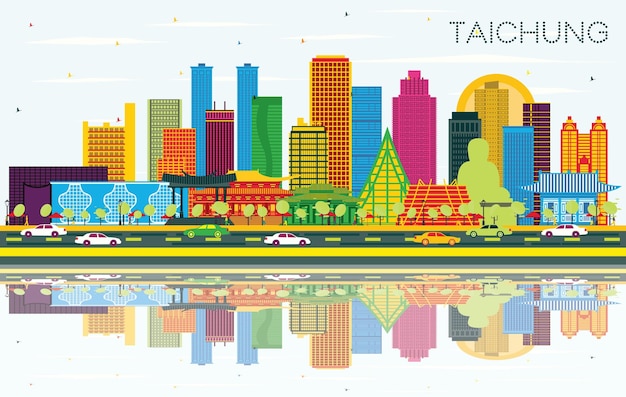 Vector de skyline van de stad taichung taiwan met kleur gebouwen blauwe lucht en reflecties