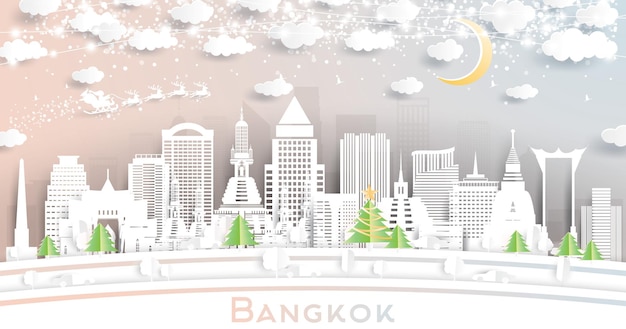 De skyline van de stad van Bangkok Thailand in papier gesneden stijl met sneeuwvlokken maan en neon Garland