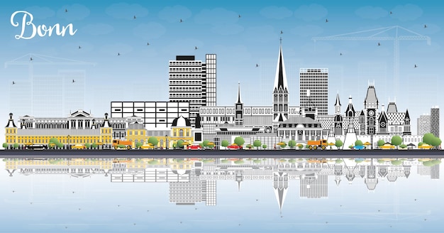 De skyline van de stad van Bonn Duitsland met kleur gebouwen, blauwe lucht en reflecties. Vectorillustratie. Zakenreizen en concept met historische architectuur. Bonn stadsgezicht met monumenten.