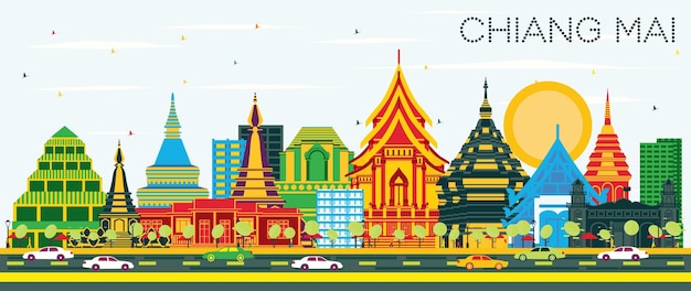 Vector de skyline van de stad van chiang mai thailand met kleur gebouwen en blauwe hemel vectorillustratie business reizen en toerisme concept met moderne architectuur chiang mai stadsgezicht met monumenten