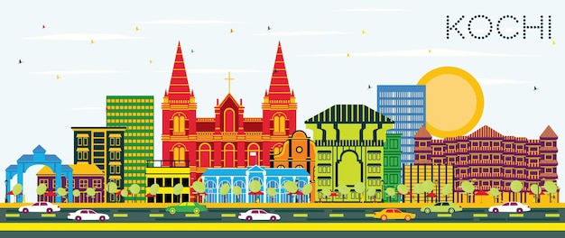 De Skyline van de stad van Kochi India met kleur gebouwen en blauwe lucht. Vectorillustratie. Zakelijk reizen en toerisme Concept met historische architectuur. Kochi stadsgezicht met monumenten.