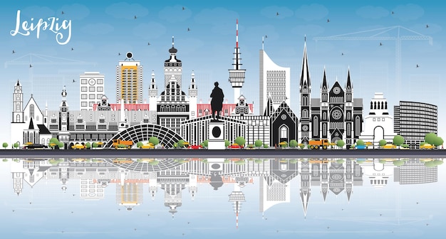 De skyline van de stad van leipzig duitsland met grijze gebouwen, blauwe lucht en reflecties. vectorillustratie. zakelijk reizen en toerisme concept met historische architectuur. leipzig stadsgezicht met monumenten.