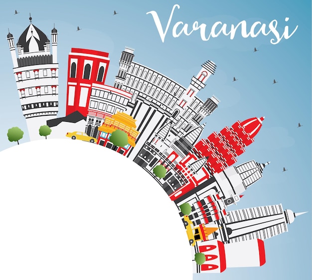De skyline van de stad van Varanasi India met kleur gebouwen, blauwe lucht en kopie ruimte. Vectorillustratie. Zakelijk reizen en toerisme Concept met historische architectuur. Varanasi stadsgezicht met monumenten.