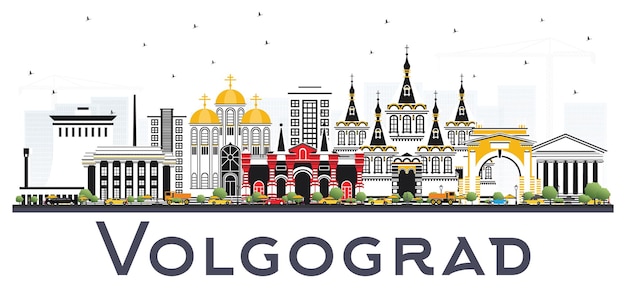 De Skyline van de stad van Volgograd Rusland met kleur gebouwen geïsoleerd op wit. Vectorillustratie. Zakelijk reizen en toerisme Concept met historische architectuur. Volgograd stadsgezicht met monumenten.