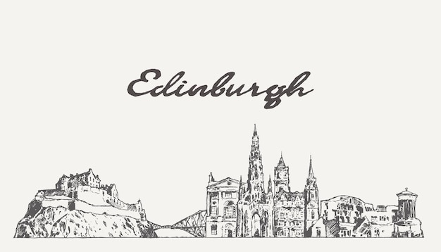 De skyline van Edinburgh, Schotland, met de hand getekende vectorillustratie, schets