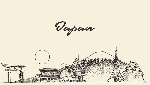 De skyline van Japan, gegraveerde vectorillustratie, met de hand getekend, schets