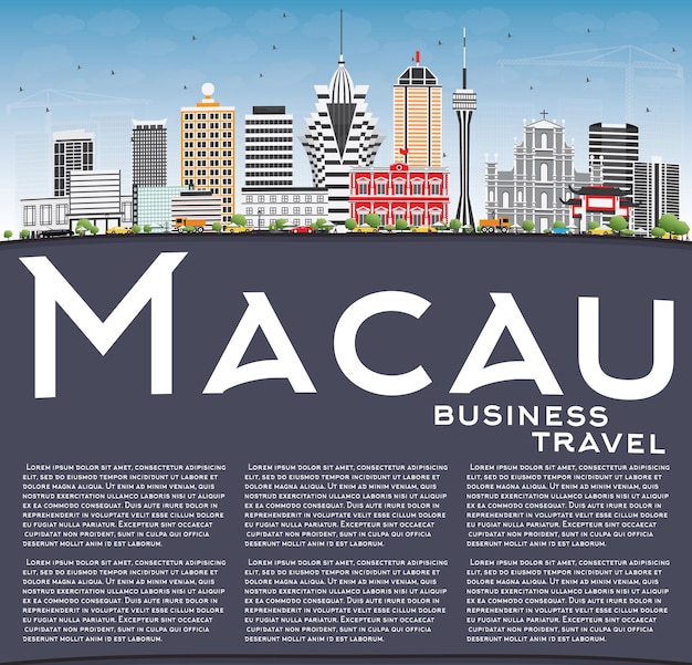 De skyline van macau met grijze gebouwen. blauwe lucht en kopieer ruimte. vectorillustratie. zakelijk reizen en toerisme concept met moderne architectuur. afbeelding voor presentatiebanner plakkaat en website.