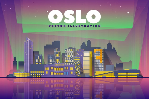 De skyline van Oslo Noorwegen met panorama op nachtachtergrond Vectorillustratie Zakelijk reizen en toerismeconcept met moderne gebouwen Afbeelding voor presentatiebanneraanplakbiljet en website