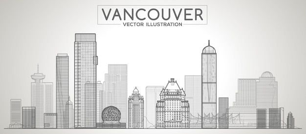 De skyline van vancouver (canada) met panorama op witte achtergrond. vector lijn illustratie. zakelijk reizen en toerisme concept met moderne gebouwen. afbeelding voor banner of website.