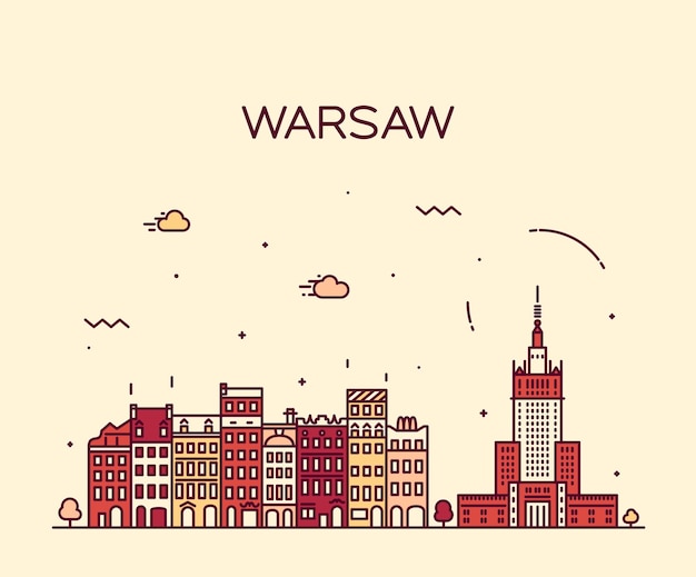 De skyline van Warschau, gedetailleerd silhouet. Trendy vectorillustratie, lineaire stijl