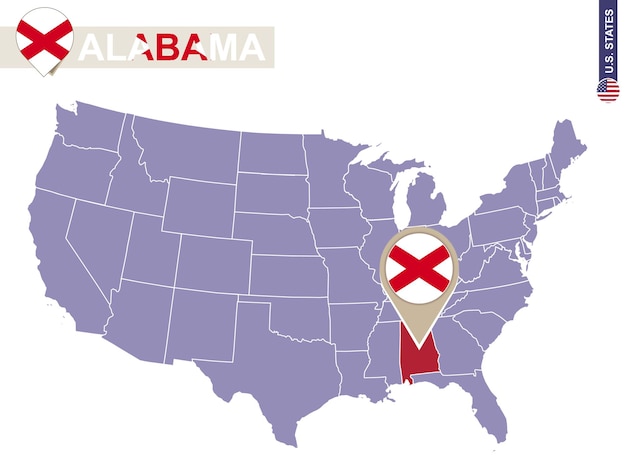 De staat Alabama op de kaart van de V.S. Vlag en kaart van Alabama. Amerikaanse staten.