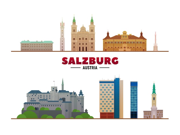 De stadsoriëntatiepunten van Salzburg Oostenrijk op witte achtergrond Platte vectorillustratie Zakelijk reizen en toerismeconcept met moderne gebouwen Afbeelding voor banner of website