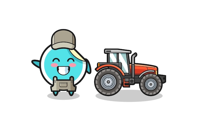 De stickerboer-mascotte die naast een schattig ontwerp van een tractor staat