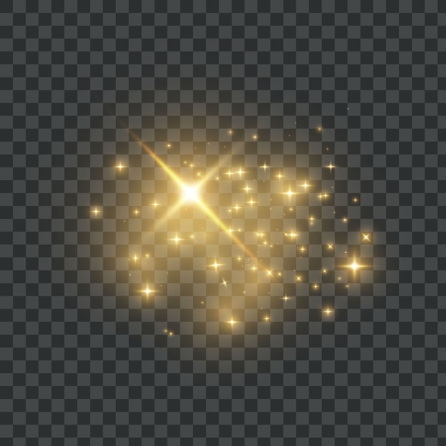 De stofvonken en gouden sterren schijnen met speciaal licht.