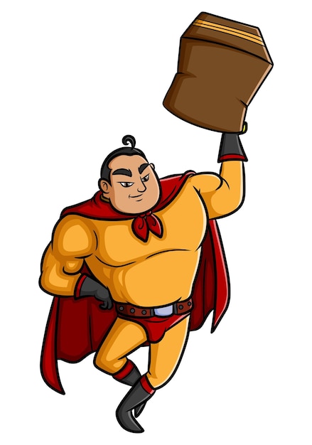 De superheld man houdt de grote doos vast