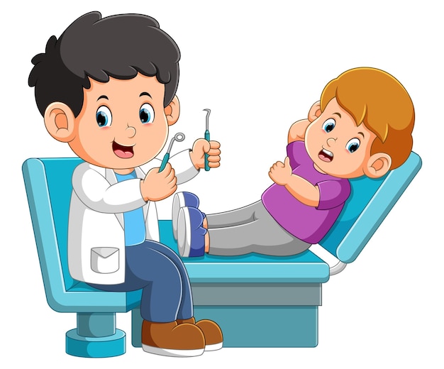 De tandarts is klaar om de tand van een kleine jongen te controleren met gereedschap in een kliniek