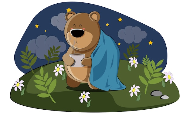 De teddybeer besloot op een koele dag warme chocolademelk te drinken en bedekte zich met een deken