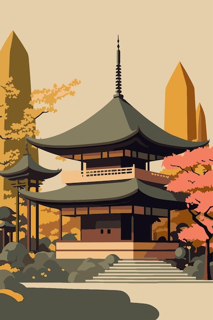 Vector de tempel van japan of aziatisch pagode japans traditioneel oriëntatiepunt met de boom van de kersenbloesem