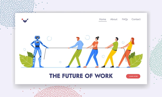 De toekomst van werk Landing Page Template Office tekens Tear Rope met kunstmatige intelligentie Robot werknemers spelen competitie touwtrekken met Cyborg Cartoon mensen vectorillustratie