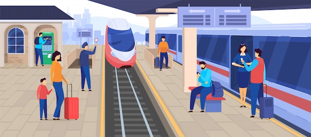 De trein komt aan bij station, mensen die op platform wachten, het karakter van het passagiersbeeldverhaal, illustratie