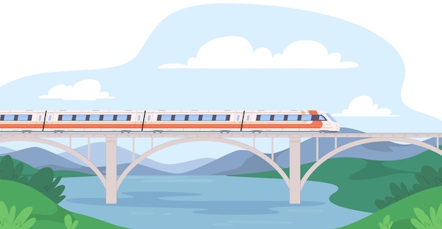 De trein rijdt over een brug met een prachtig landschap langeafstandsreizen interstedelijke transfers