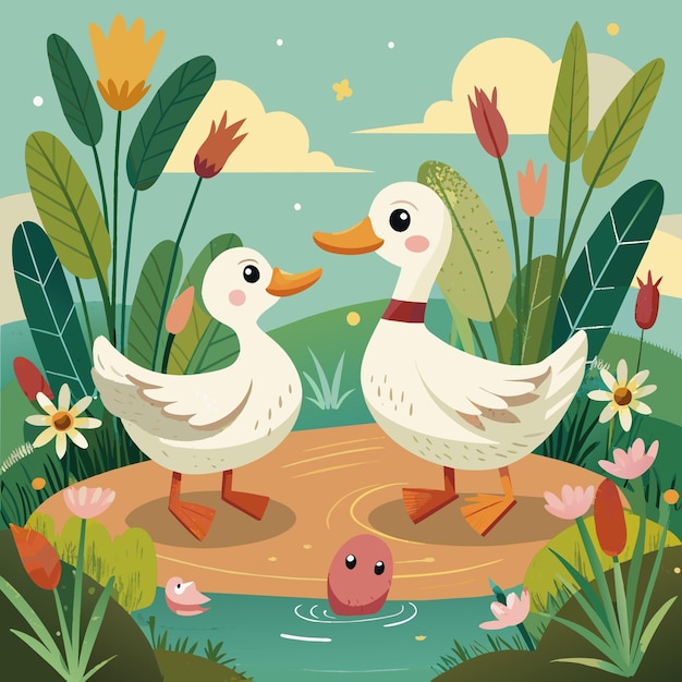 De twee eenden spelen samen in het gras van de illustratie