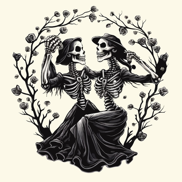 De twee skeletliefhebbers dansen samen voor een witte achtergrond