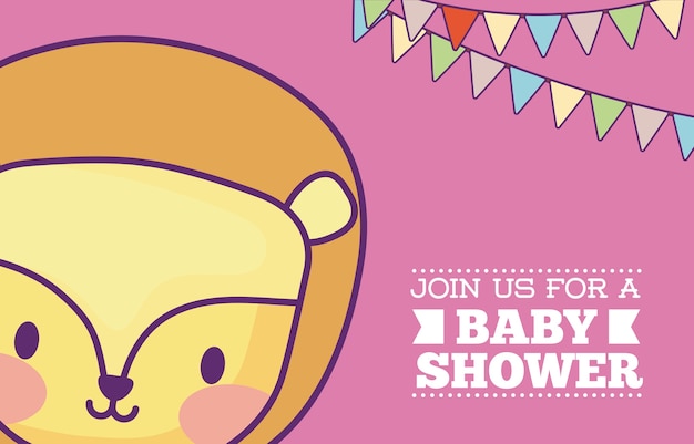 Vector de uitnodigingskaart van de babydouche met leuk leeuwpictogram en decoratieve wimpels over roze achtergrond, kleur