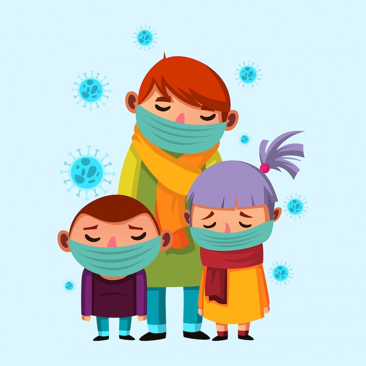 De vader met zoon en dochter die masker dragen krijgen griepillustratie