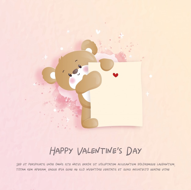 De valentijnskaartenkaart met leuke teddybeer in document sneed stijlillustratie.