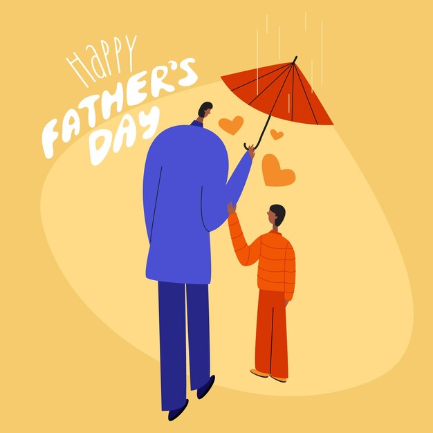 Vector de vector met papa zoon onder paraplu en belettering gelukkige vaderdag