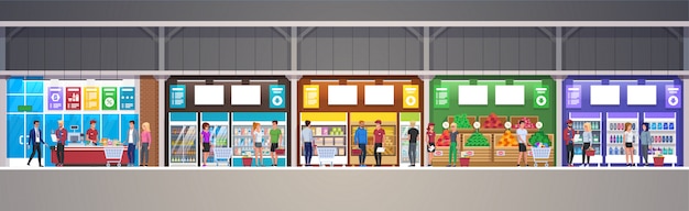 De vectoropslag van de wandelgalerij Binnenlandse Supermarkt met goederenillustratie