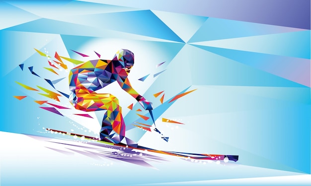 De veelhoekige kleurrijke driehoeken figuur van een jonge man snowboarden met op een witte