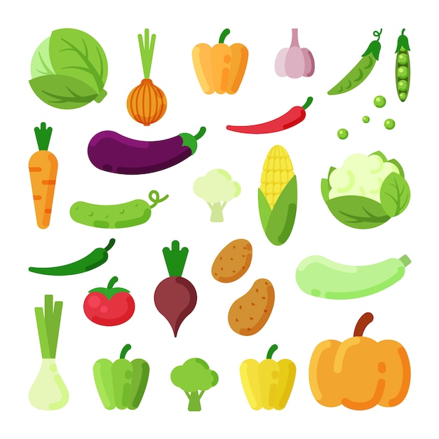 Vector de verschillende groenten kleuren vlakke geplaatste illustraties