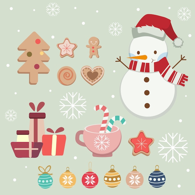De verzameling leuke kerst elementenset. De schattige sneeuwpop met winter muts en sjaal en cookie kerst en geschenkdoos kerstbal set