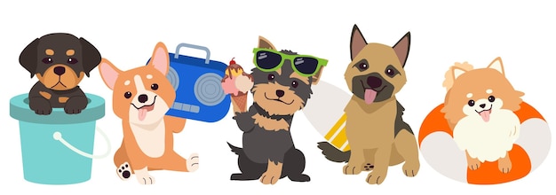 Vector de verzameling schattige honden in het zomerthema grafische bron voor banner met grafische inhoud