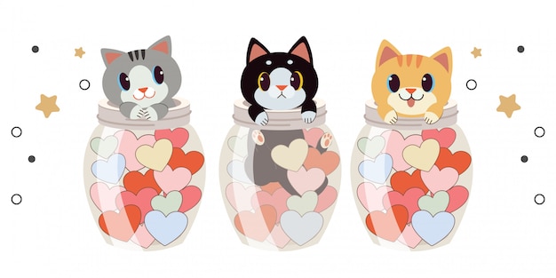 De verzameling van schattige kat in de transparante pot en het hart op wit