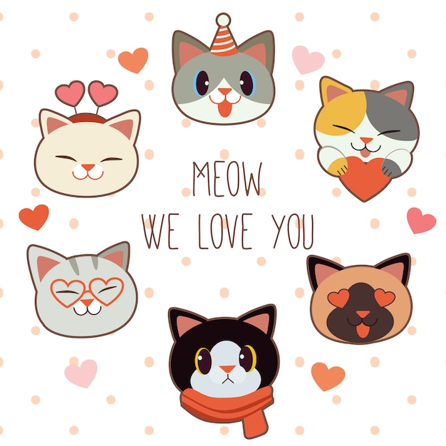 De verzameling van schattige kat met liefdesthema. Het karakter van schattige kat en vrienden draagt een hartbril en feestmuts en sjaal.