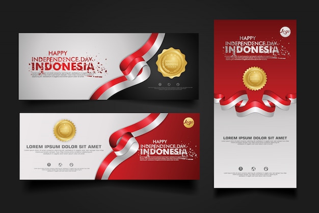 De viering van de onafhankelijkheidsdag van indonesië, illustratie van het banner de vastgestelde ontwerpmalplaatje