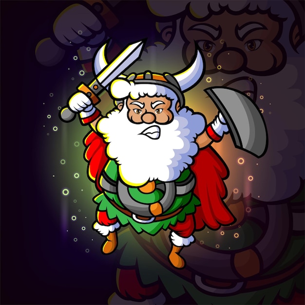 Vector de viking-santa is klaar om te vechten met esport-mascotteontwerp van illustratie