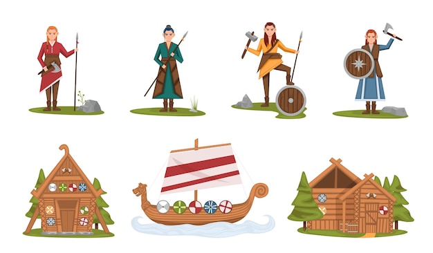 De vikingen viking stripfiguren drakkar houten zeilboot houten huis scandinavische mythologie