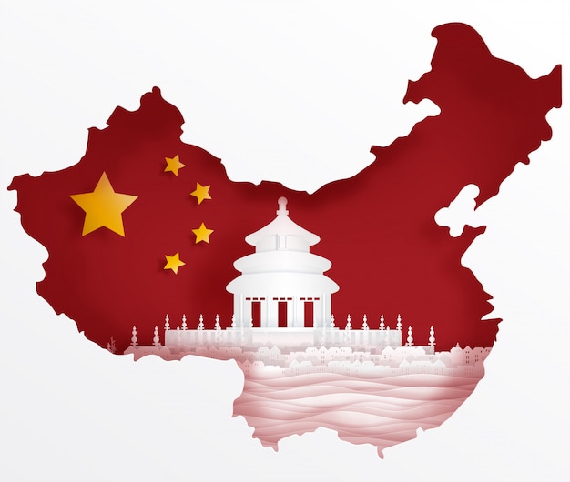 De vlag van china met wereldberoemde oriëntatiepunten in document sneed stijl vectorillustratie