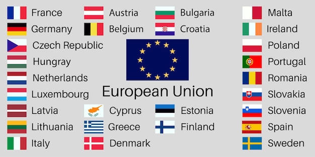 De vlag van de europese unie en alle landenvlaggen van de lidstaten van de europese unie