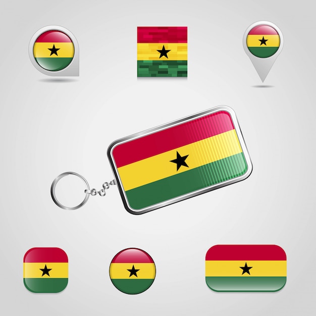 De vlag van het land van ghana op keychain en kaartspeld verschillende stijl