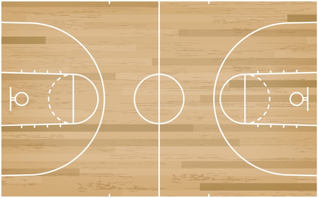 De vloer van het basketbalhof met lijnpatroon op houten achtergrond.