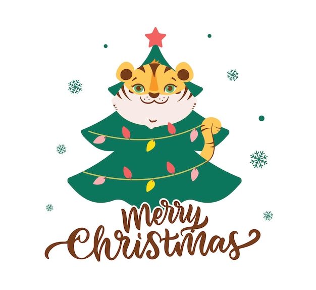 De vrolijke kerstkaart met tijger Het hoofddier met grappige boom is goed voor vakantieontwerpen
